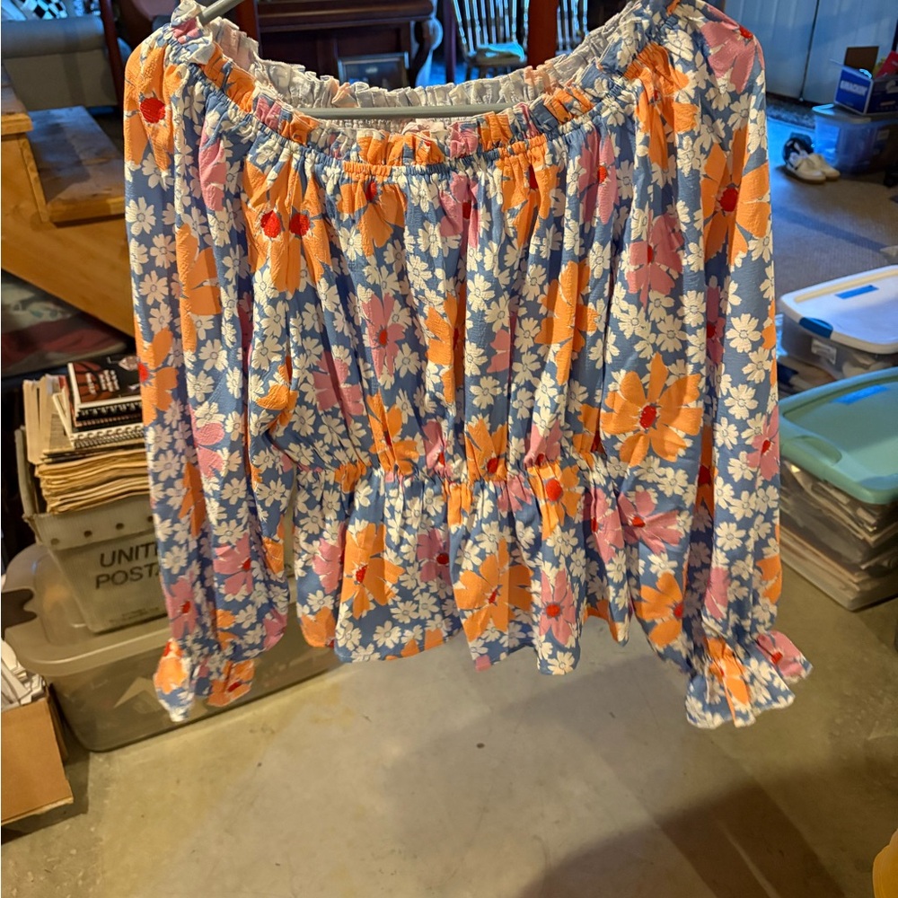 Floral Off-Shoulder Women's Top - Blue and Orange